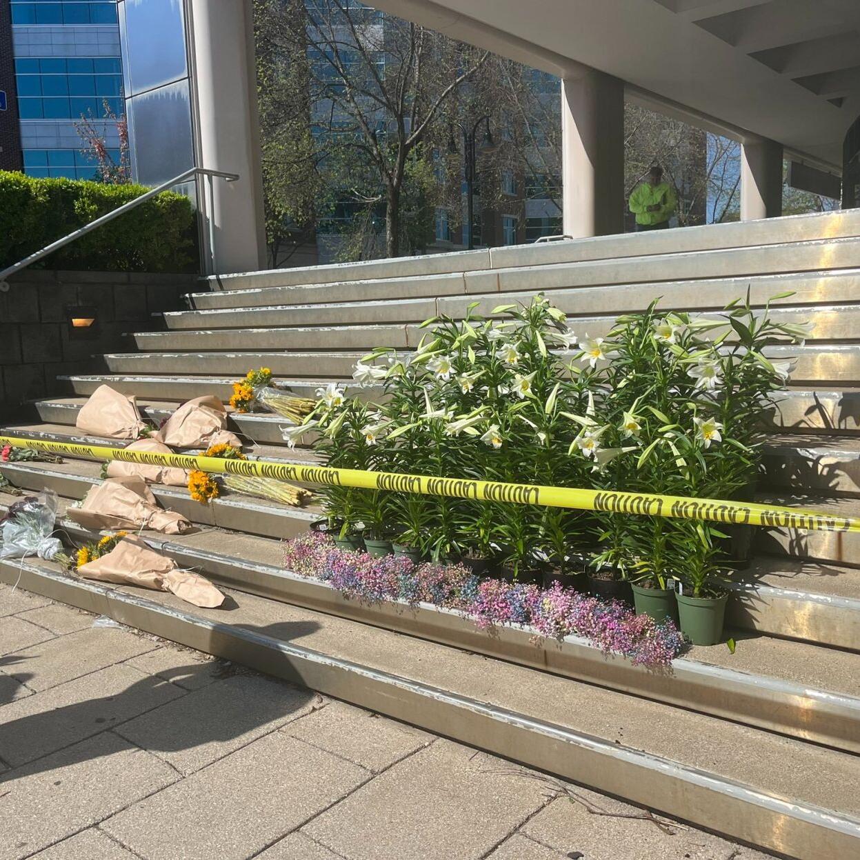 Memorial at Old National Bank building in downtown Louisville after April 10, 2023 mass shooting
